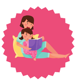 Cartoon girl reading affirmation book with mom on pink background