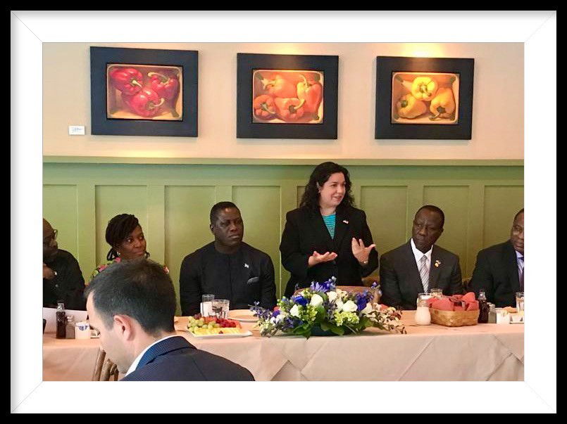A group of people seated around a long dining table in a formal setting, with a woman standing and speaking. There are framed artworks on the wall behind them and a floral centerpiece on the table.