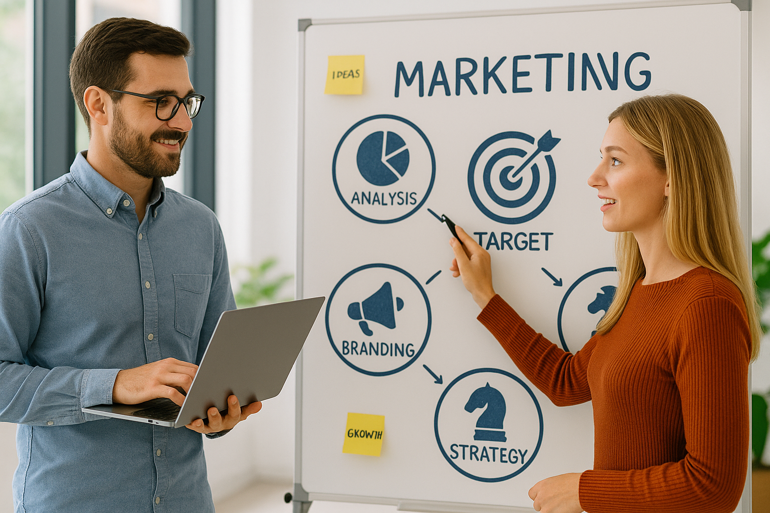 Zwei Marketer:innen entwickeln eine Marketingstrategie mit Fokus auf Target Audience, Branding und Sales Copywriting. Die Szene wirkt dynamisch und eignet sich für Landingpages rund um Copywriting & Funnel-Audit.