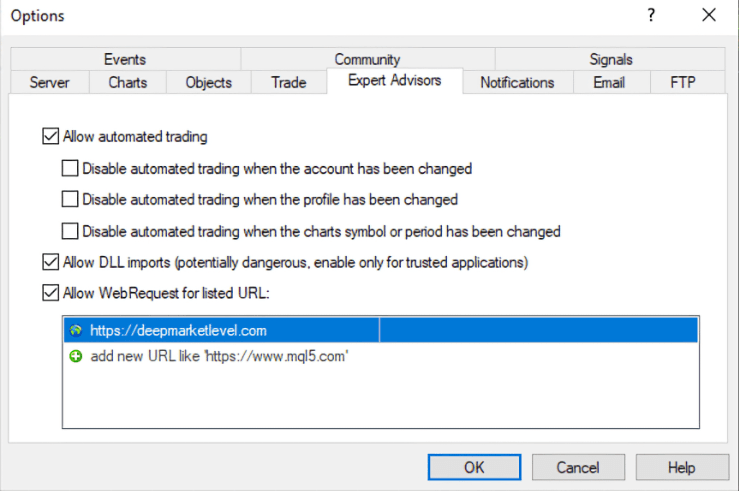 Deep Market Level MT4 Platform Settings