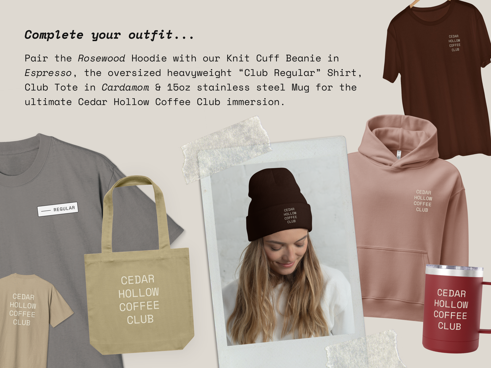 Mockup of matching Cedar Hollow Coffee Club pieces available on our Etsy Store